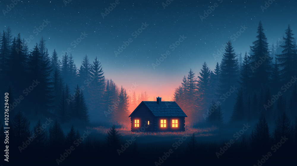 Cabin in a Dark Forest Clearing with a Glowing Interior and Stars Dotting the Night Sky Cabin in a Dark Forest Clearing with a Glowing Interior and Stars Dotting the Night Sky