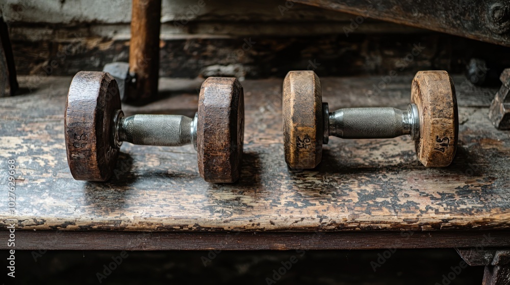 Old-fashioned gym equipment like wooden dumbbells and iron weights. Old-fashioned gym equipment like wooden dumbbells and iron weights.