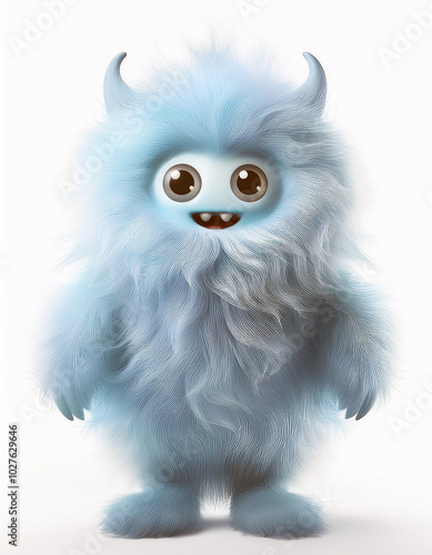 Adorable Blue Fuzzy Monster,Smiling Sweetly. A digital artwork of a cute, friendly creature with soft fur and tiny horns.