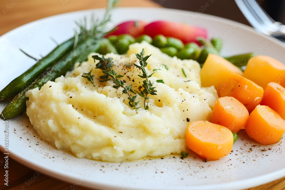 Mashed potatoes with seasonal vegetables on white plate. Mashed potatoes with seasonal vegetables on white plate.