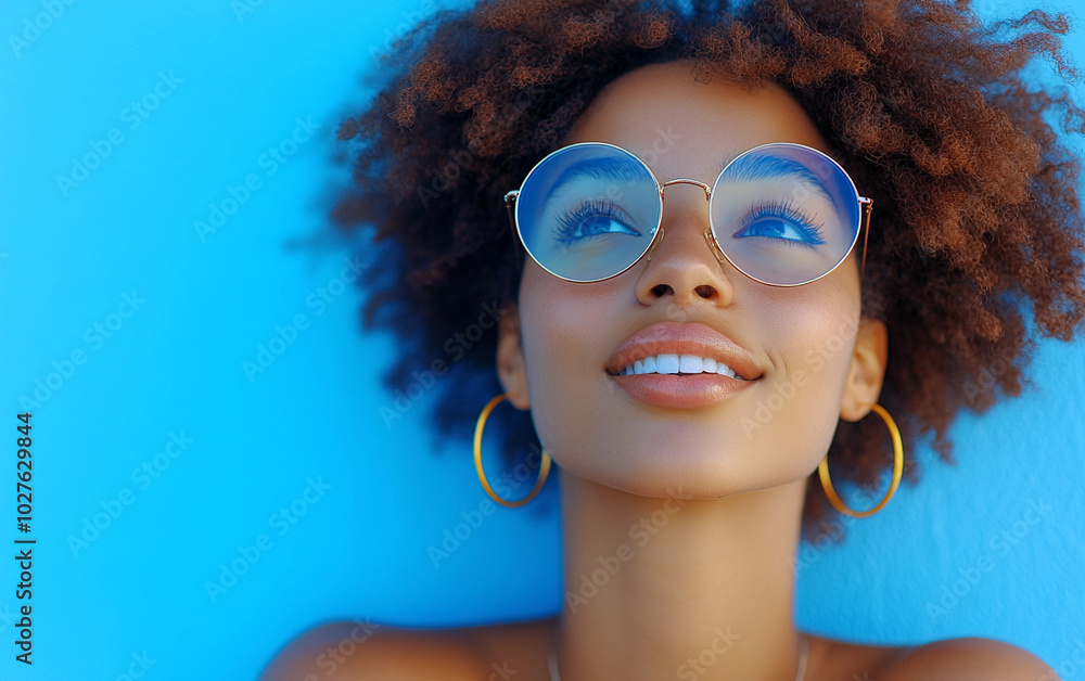 A woman with curly hair and gold hoop earrings is smiling and looking up at the camera. She is wearing blue glasses and has a bright, happy expression on her face A woman with curly hair and gold hoop earrings is smiling and looking up at the camera. She is wearing blue glasses and has a bright, happy expression on her face