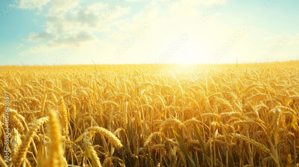 Naklejka premium Golden Wheat Field Under a Blue Sky With Bright Sunlight