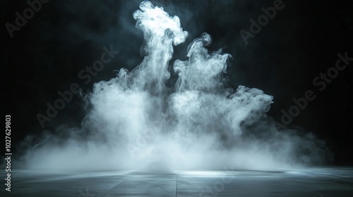 Mystical mist. Swirling smoke in dark and light symphony. Fluid fantasia. Abstract dance of fog and light on floor with black background photo