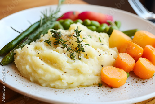 Mashed potatoes with seasonal vegetables on white plate.