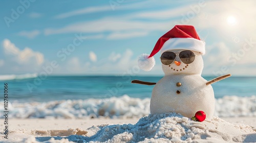 Sandy snowman in Christmas Santa hat and sunglasses at beach with copy space, concept of summer holidays, travel, vacation, happy beach life