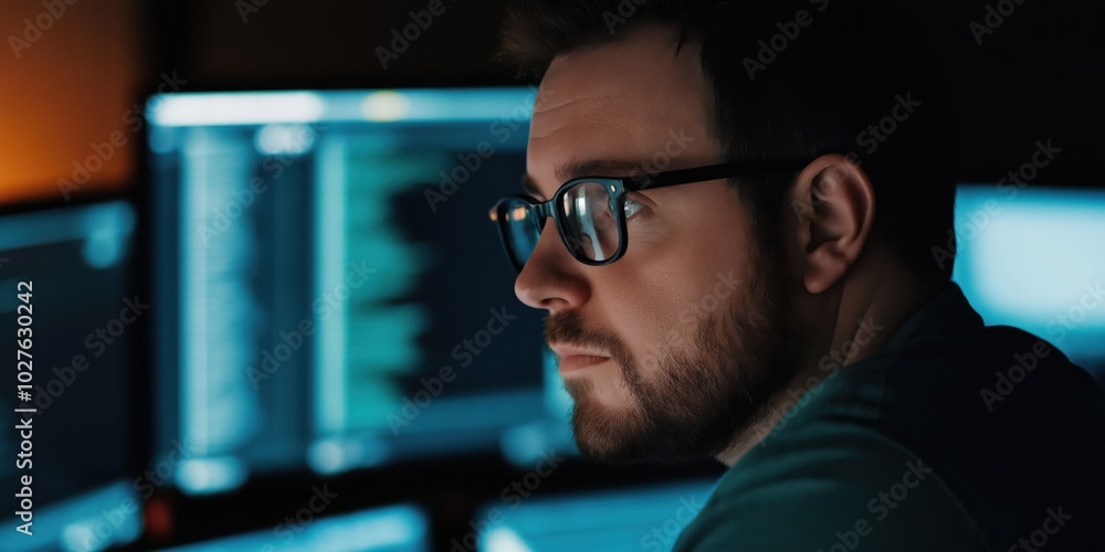 A man wearing glasses intensely focused on multiple computer screens displaying lines of code, portraying the dedication and complexity involved in software development. A man wearing glasses intensely focused on multiple computer screens displaying lines of code, portraying the dedication and complexity involved in software development.
