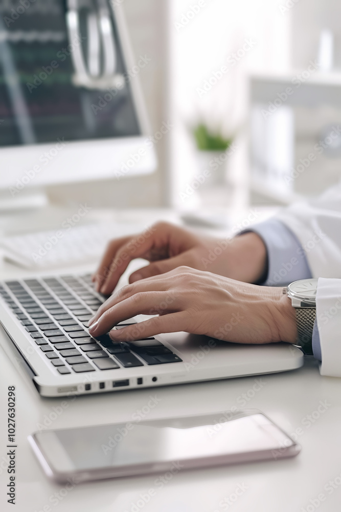 Doctor's hands typing on a laptop keyboard Doctor's hands typing on a laptop keyboard
