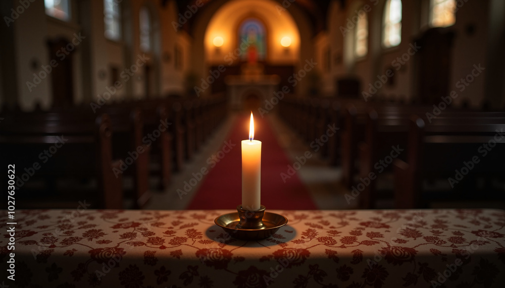 Solemn candlelight, reflective atmosphere, lit candle on a table in a church interior Solemn candlelight, reflective atmosphere, lit candle on a table in a church interior