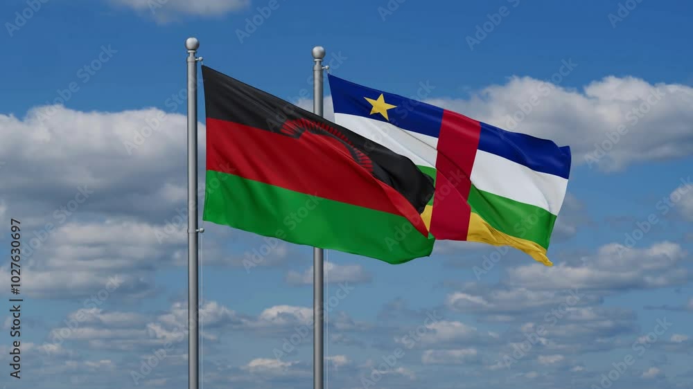 Central African Republic and Malawi flags flying together, video concept of the relationship, two country relations concept Central African Republic and Malawi flags flying together, video concept of the relationship, two country relations concept