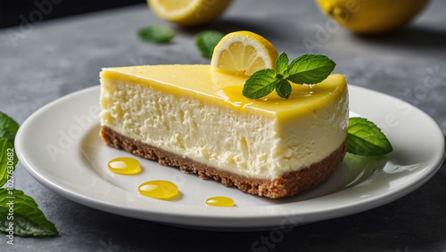 Lemon-flavored cheesecake with a zesty lemon topping, placed on a white plate with a garnish of lemon zest and mint leaves.