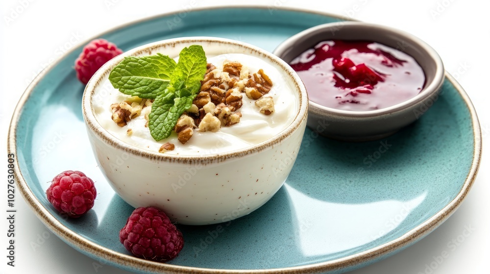 A bowl of yogurt topped with granola, walnuts, and mint, with a side of raspberry jam and fresh raspberries on a blue plate. A bowl of yogurt topped with granola, walnuts, and mint, with a side of raspberry jam and fresh raspberries on a blue plate.