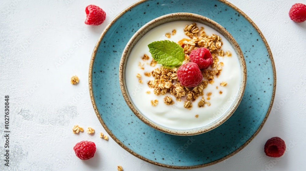 A bowl of yogurt topped with granola and fresh raspberries, on a white surface. A bowl of yogurt topped with granola and fresh raspberries, on a white surface.