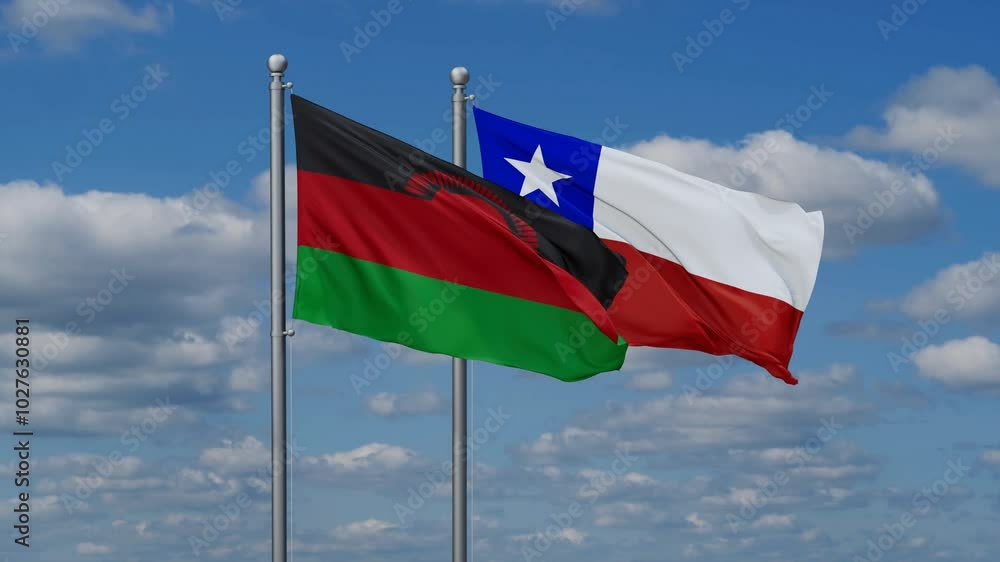Chile and Malawi flags flying together, video concept of the relationship, two country relations concept Chile and Malawi flags flying together, video concept of the relationship, two country relations concept