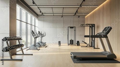 A boutique fitness studio with sleek gym equipment and minimalistic design. photo