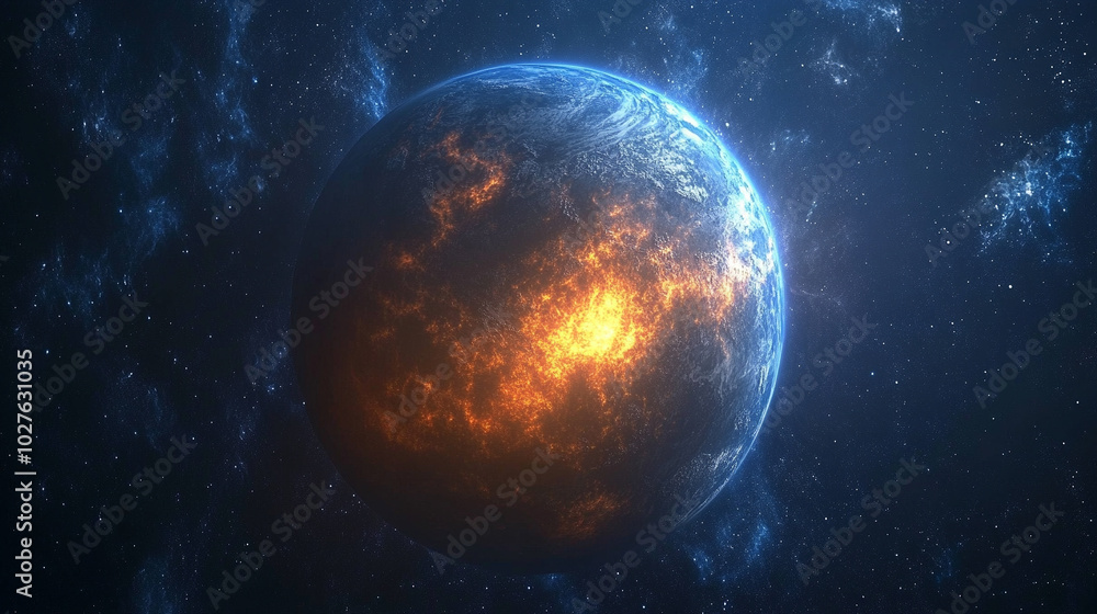 burning planet Earth in space, set against a bright blue backdrop. This powerful visual symbolizes climate change, environmental crisis, and the urgent need for global awareness burning planet Earth in space, set against a bright blue backdrop. This powerful visual symbolizes climate change, environmental crisis, and the urgent need for global awareness