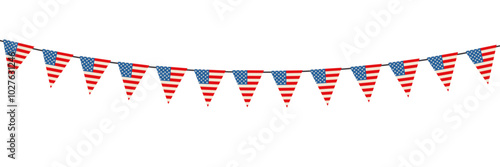 USA flag bunting garland of triangular flags isolated on white background.