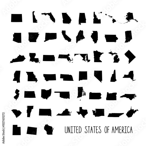 Collection of US states map in black, isolated on white background. Vector illustretion.