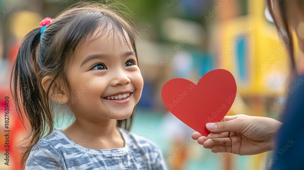 A Young Girl Smiles as She Receives a Red Heart A Young Girl Smiles as She Receives a Red Heart