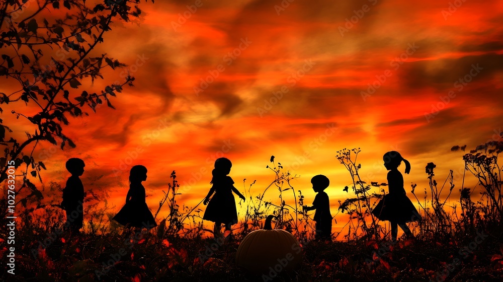 49. A pumpkin patch at sunset with silhouettes of children 49. A pumpkin patch at sunset with silhouettes of children
