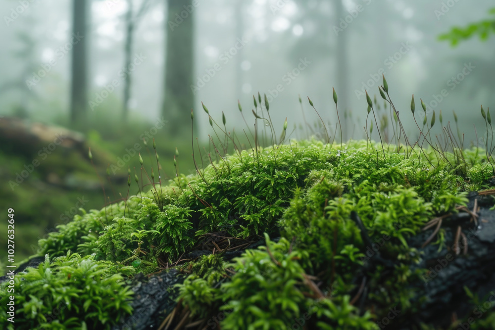 Fototapeta premium A serene forest floor covered in lush green moss, bathed in soft mist, creating a peaceful and magical woodland atmosphere.