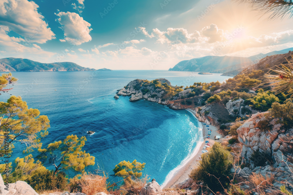 A breathtaking view of a clear blue coastal bay surrounded by rugged mountains, offering a peaceful and serene atmosphere. A breathtaking view of a clear blue coastal bay surrounded by rugged mountains, offering a peaceful and serene atmosphere.