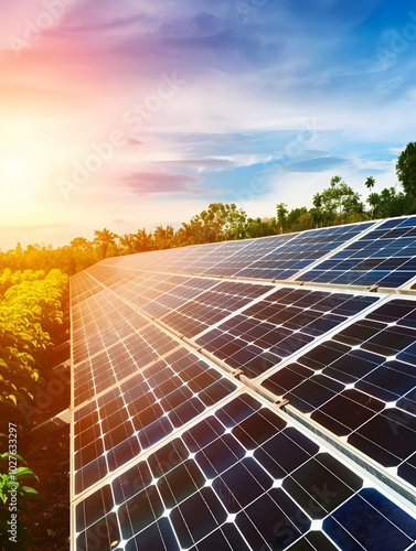 Solar panels reflect sunlight in a green landscape, showcasing renewable energy technology.