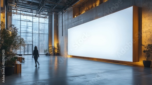 A blank 16:9 screen with a wooden frame in Squarespace NYC. Motion blur of a person walking by. photo