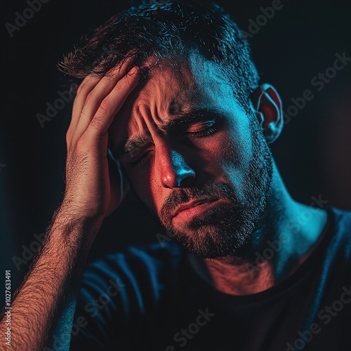 Man Holding Head in Pain from Headache. Closeup photo photo