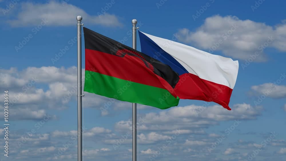 Czech Republic and Malawi flags flying together, video concept of the relationship, two country relations concept Czech Republic and Malawi flags flying together, video concept of the relationship, two country relations concept