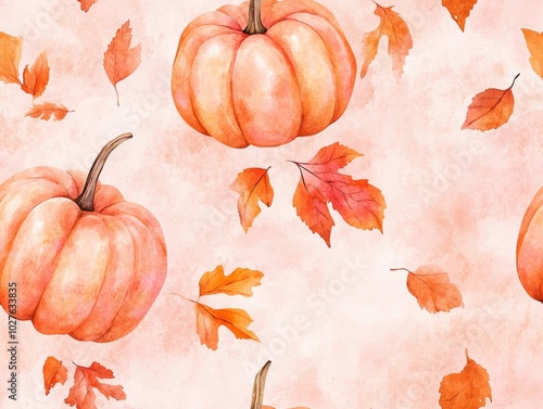 Watercolor pattern featuring pumpkins and autumn leaves on a soft background, seamless pattern. photo