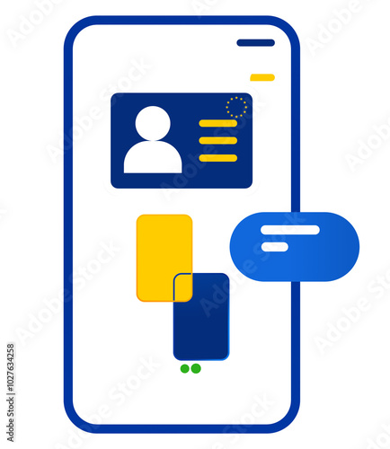 smartphone screen and digital passport and identification on smartphone or app on phone, blue and yellow as the EU, the European Union, Europe, isolated, silhouette simplified mobile phone shape as ic