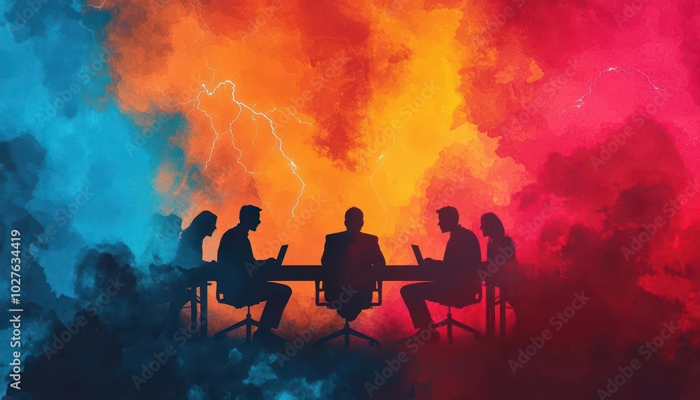 Silhouettes in meeting with vibrant background Silhouettes in meeting with vibrant background