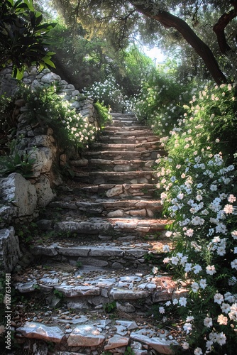 A serene garden path winding through lush greenery and blooming flowers, illuminated by soft sunlight.