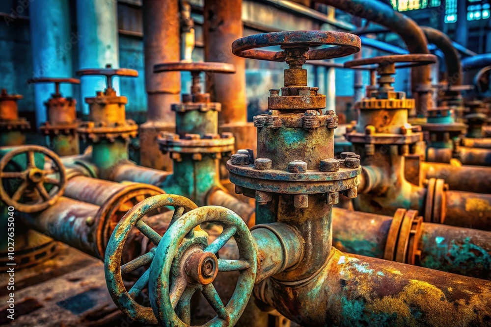 Old Water Pipes and Valves in High Depth of Field for Industrial Settings Old Water Pipes and Valves in High Depth of Field for Industrial Settings