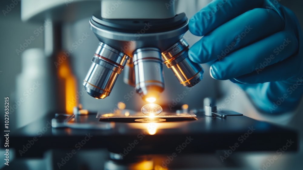 A scientist's gloved hand adjusts a microscope lens, focusing on a sample illuminated by a bright light. A scientist's gloved hand adjusts a microscope lens, focusing on a sample illuminated by a bright light.