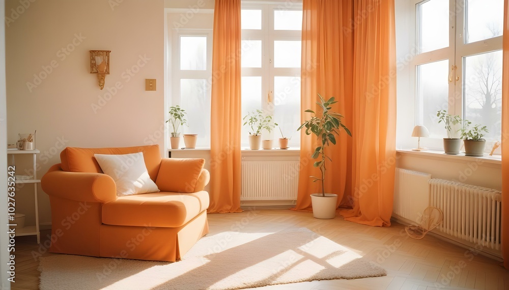 Bright room accented with orange decor, creating a cheerful and inviting atmosphere filled with warmth and energy. Bright room accented with orange decor, creating a cheerful and inviting atmosphere filled with warmth and energy.