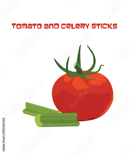 Vector illustration of whole tomato and celery sticks isolated on white. Flat design of vegetable cards for culinary website, courses, printing. Food card with inscription "Tomato and celery sticks"