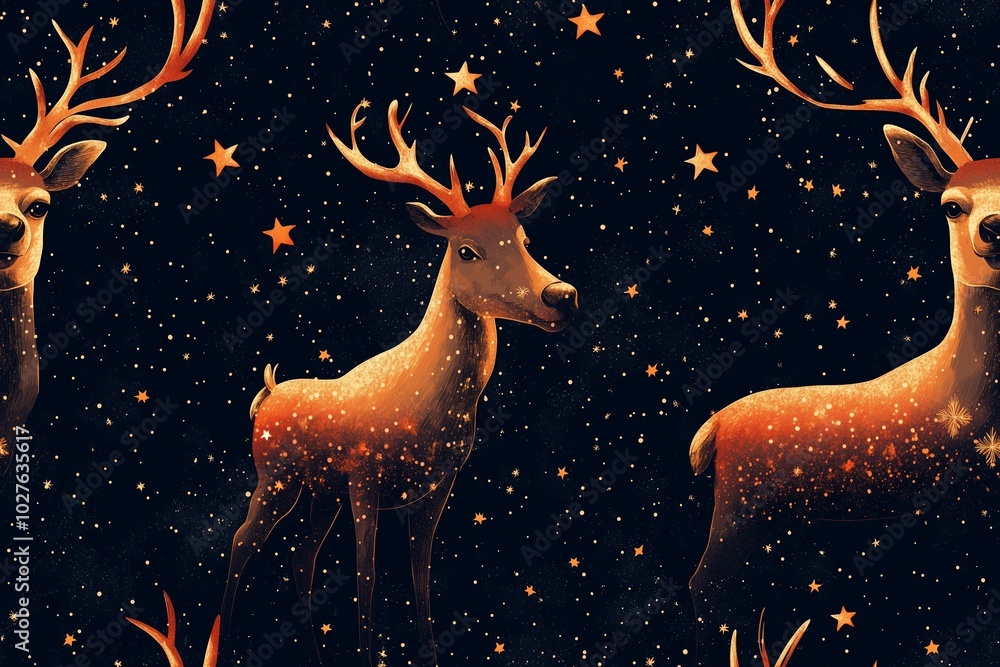 A magical night scene featuring elegant, glowing reindeer silhouettes prancing among twinkling stars in a dark sky. A magical night scene featuring elegant, glowing reindeer silhouettes prancing among twinkling stars in a dark sky.