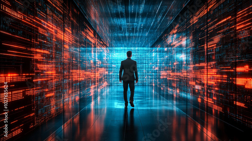 Wallpaper Mural businessman stands confidently in a futuristic setting, surrounded by virtual cyber technology. This image symbolizes innovation, digital transformation, and the merging of business with technology Torontodigital.ca