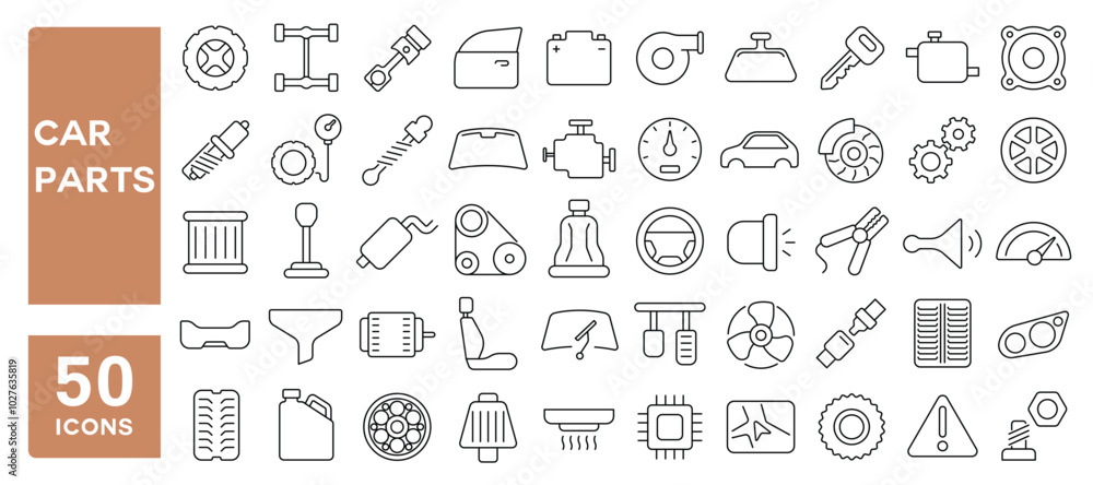Set of 50 line icons related to car parts, motor, wheel, key, piston, engine, battery, brake, speedometer, Editable stroke. Vector illustration Set of 50 line icons related to car parts, motor, wheel, key, piston, engine, battery, brake, speedometer, Editable stroke. Vector illustration