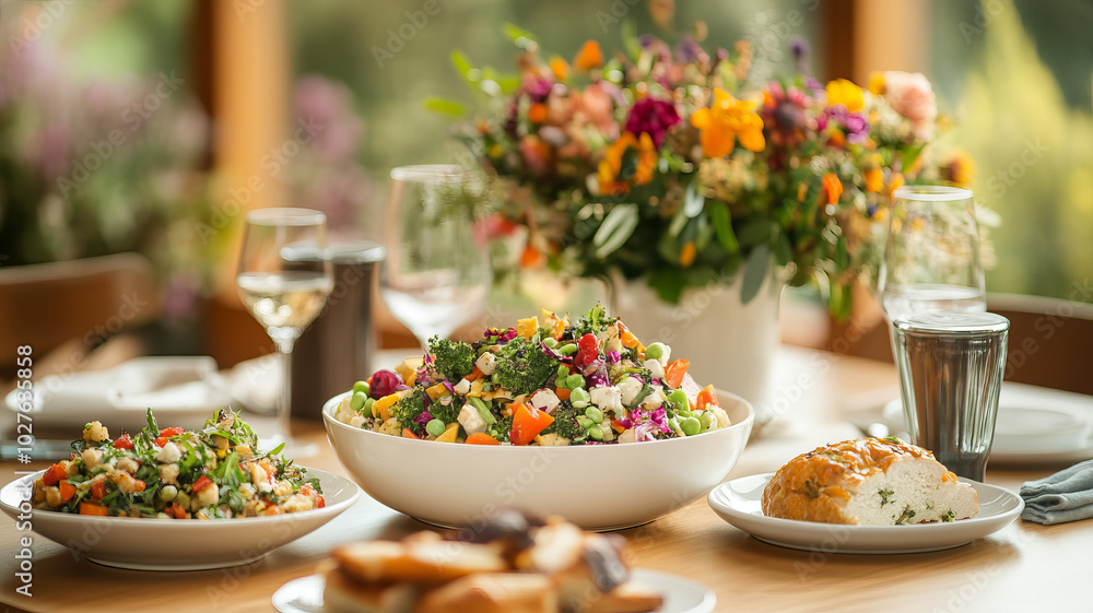 A vibrant table setting featuring fresh salads, beautiful floral arrangement, and elegant glassware creates warm and inviting atmosphere for delightful meal
