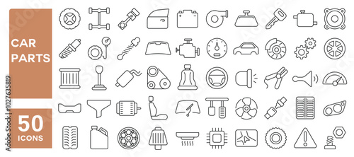 Set of 50 line icons related to car parts, motor, wheel, key, piston, engine, battery, brake, speedometer, Editable stroke. Vector illustration