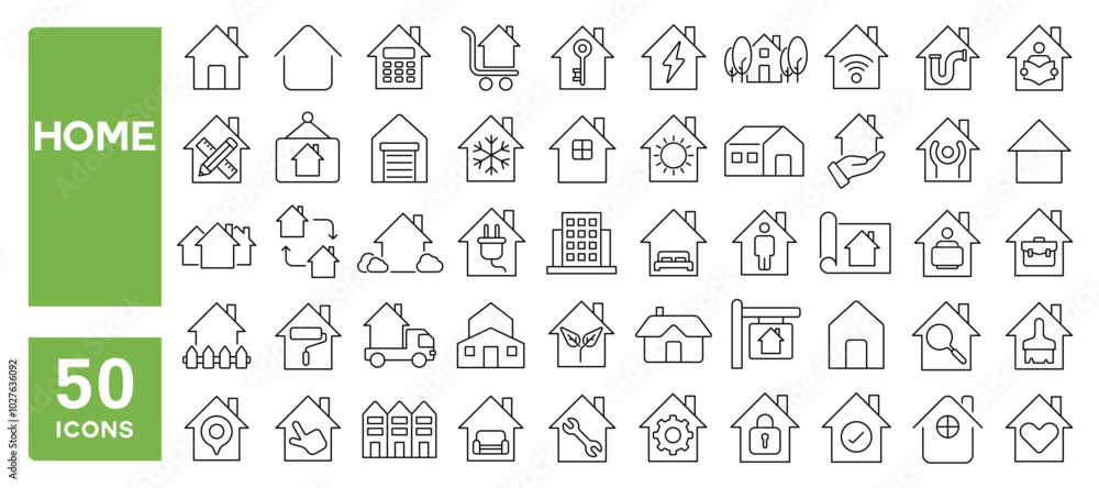 Set of 50 line icons related to home, flat, property, building, city, town, key, moving, location, house, Editable stroke. Vector illustration Set of 50 line icons related to home, flat, property, building, city, town, key, moving, location, house, Editable stroke. Vector illustration