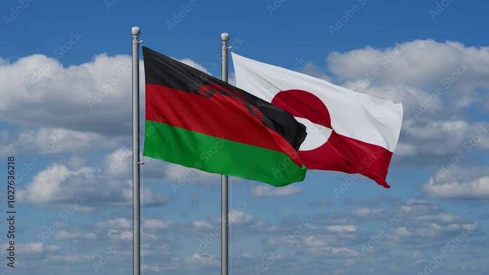 Greenland and Malawi flags flying together, video concept of the relationship, two country relations concept Greenland and Malawi flags flying together, video concept of the relationship, two country relations concept