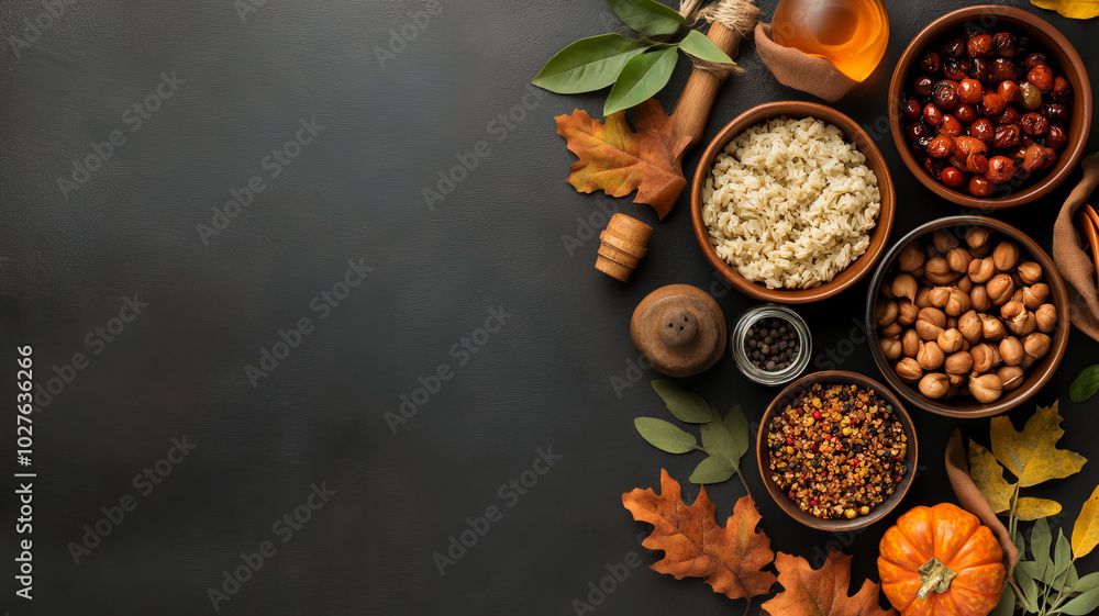 Delight in rich textures and colors of autumn with variety of ingredients displayed in rustic bowls. This composition features rice, nuts, and spices, perfect for seasonal cooking Delight in rich textures and colors of autumn with variety of ingredients displayed in rustic bowls. This composition features rice, nuts, and spices, perfect for seasonal cooking