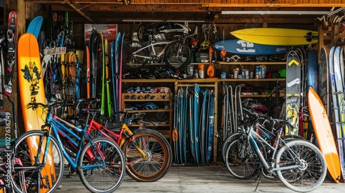 Fototapeta Naklejka Na Ścianę i Meble -  A sports equipment rental shop with bikes, skis, and surfboards on display.