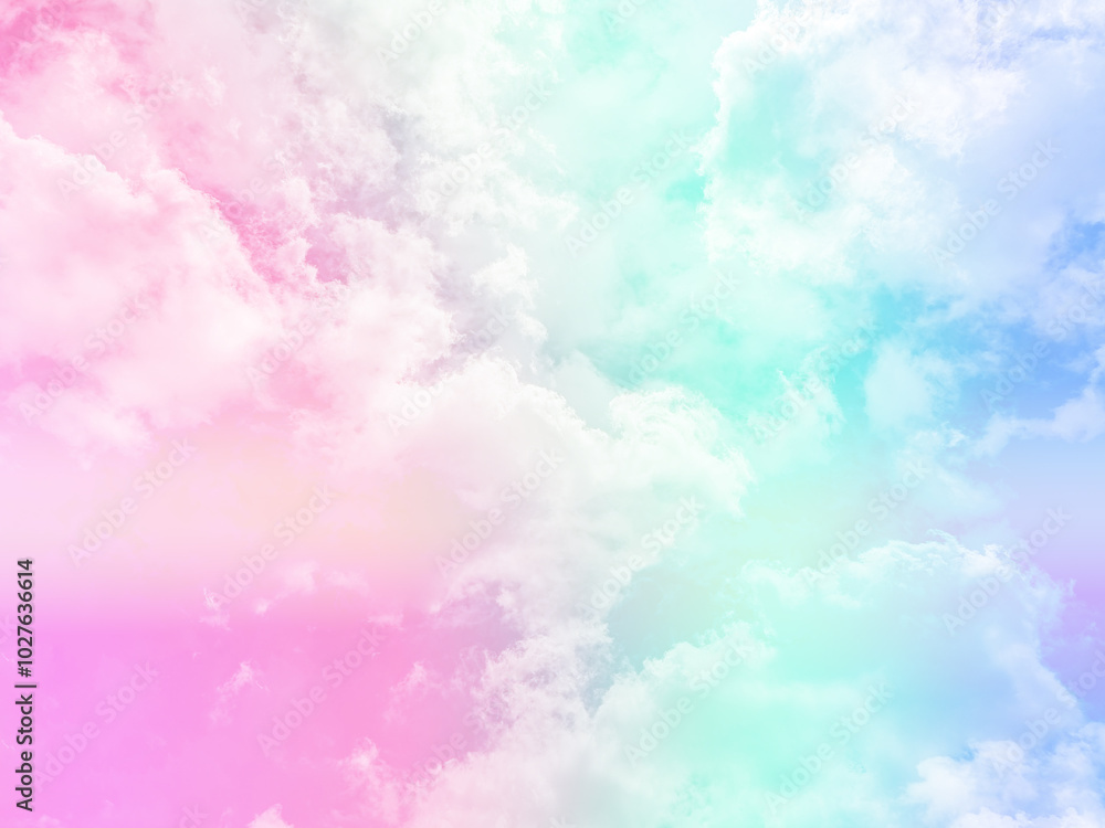Naklejka premium beauty sweet pastel pink and green colorful with fluffy clouds on sky. multi color rainbow image. abstract fantasy growing light