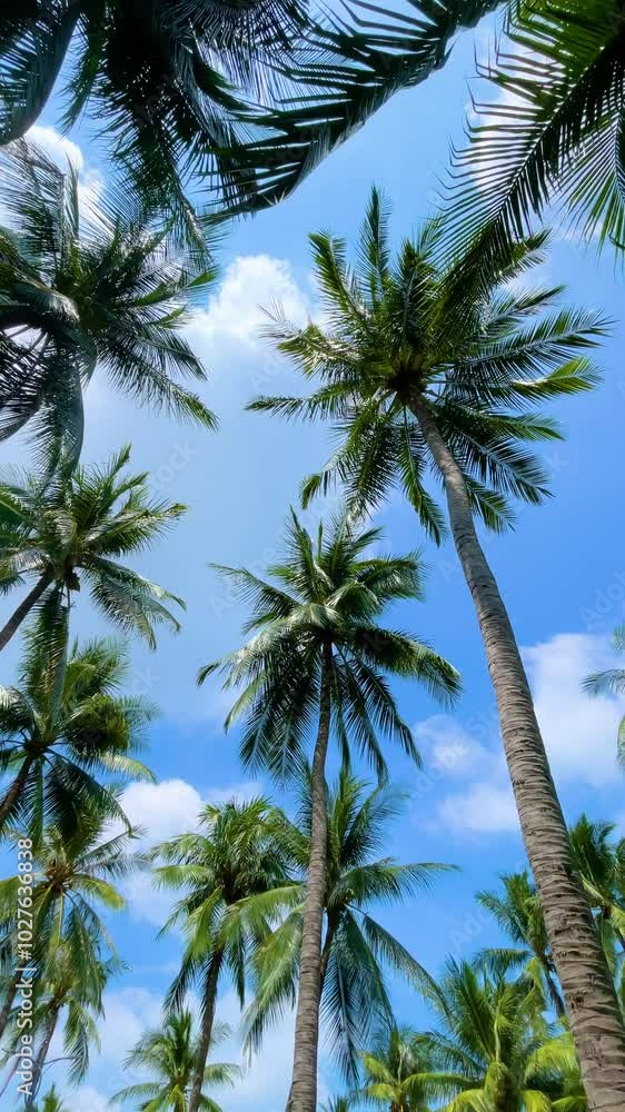 Coconut palm trees trunk and foliage exotic paradise rainforest against a background of tropical blue sky and clouds Coconut palm trees trunk and foliage exotic paradise rainforest against a background of tropical blue sky and clouds