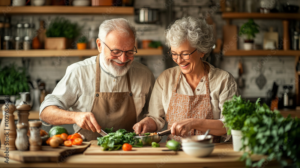 Happy elderly couple cooking together in cozy kitchen, sharing joy while preparing healthy meal with fresh vegetables. Their smiles reflect love and companionship Happy elderly couple cooking together in cozy kitchen, sharing joy while preparing healthy meal with fresh vegetables. Their smiles reflect love and companionship