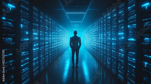 businessman stands confidently in a futuristic setting, surrounded by virtual cyber technology. This image symbolizes innovation, digital transformation, and the merging of business with technology